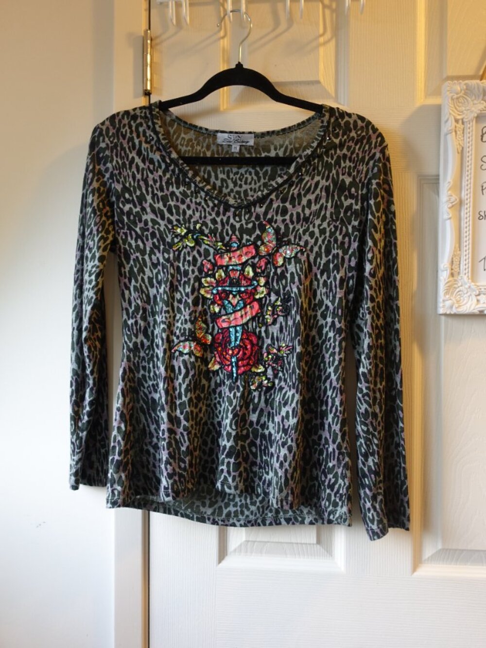 Leopard Print Long Sleeve Top with Embroidered Floral Accent